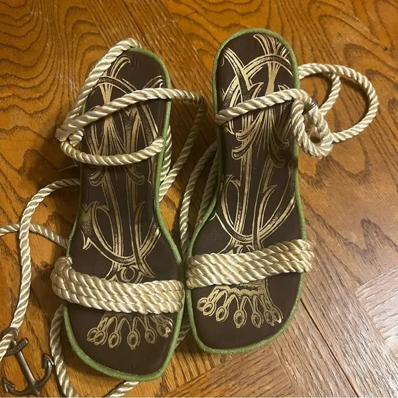 Ed Hardy By Christian Audgier Rope Lace Up Anchor Tattoo Art Wedges Sz 7 Y2K 90s