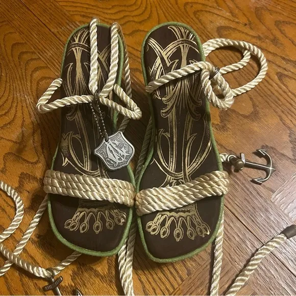 Ed Hardy By Christian Audgier Rope Lace Up Anchor Tattoo Art Wedges Sz 7 Y2K 90s