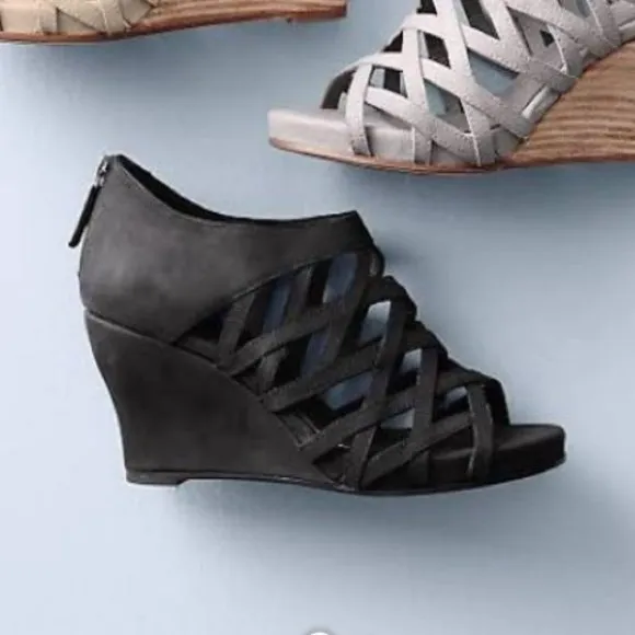 Eileen Fisher ~Black Cage Open Toe Italian Leather Nubuck Wedges Shoes size 10