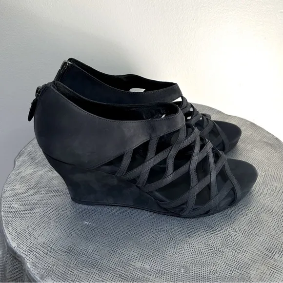 Eileen Fisher ~Black Cage Open Toe Italian Leather Nubuck Wedges Shoes size 10