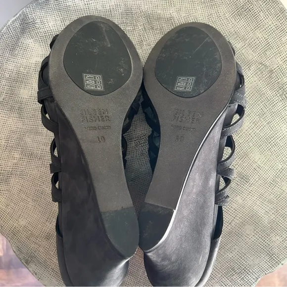 Eileen Fisher ~Black Cage Open Toe Italian Leather Nubuck Wedges Shoes size 10