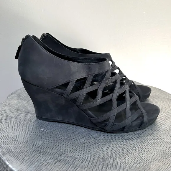Eileen Fisher ~Black Cage Open Toe Italian Leather Nubuck Wedges Shoes size 10