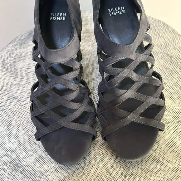 Eileen Fisher ~Black Cage Open Toe Italian Leather Nubuck Wedges Shoes size 10