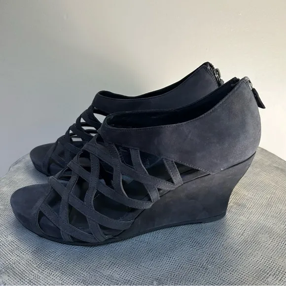 Eileen Fisher ~Black Cage Open Toe Italian Leather Nubuck Wedges Shoes size 10