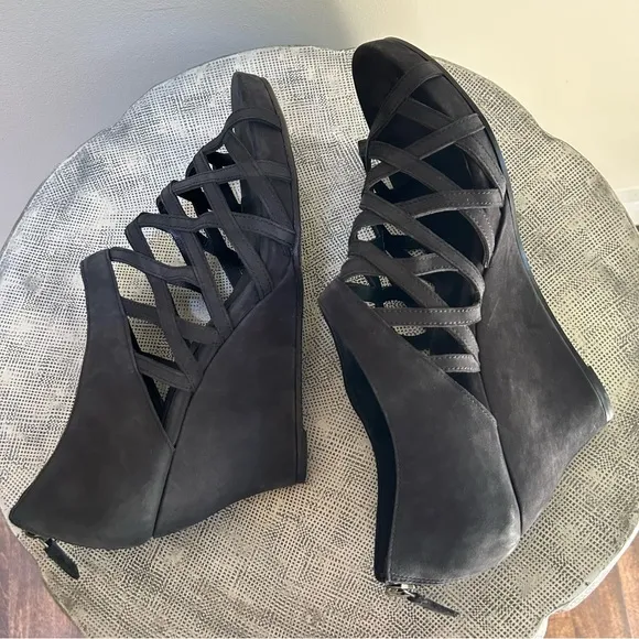 Eileen Fisher ~Black Cage Open Toe Italian Leather Nubuck Wedges Shoes size 10