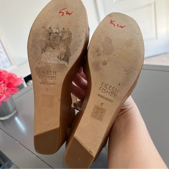 Eileen Fisher Camel Brown Tan Leather Ankle Strap Wedges