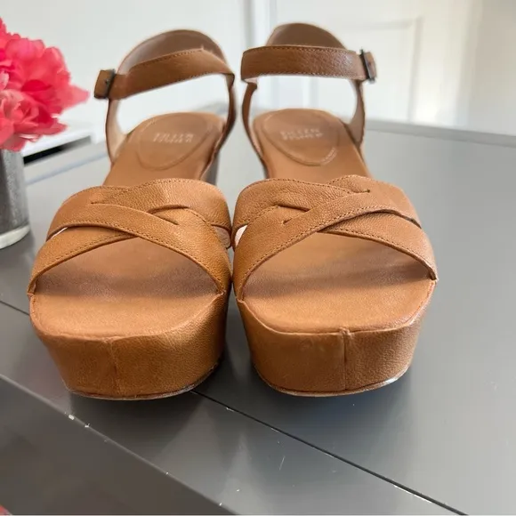 Eileen Fisher Camel Brown Tan Leather Ankle Strap Wedges