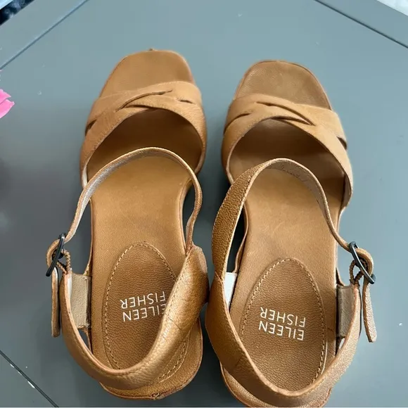 Eileen Fisher Camel Brown Tan Leather Ankle Strap Wedges