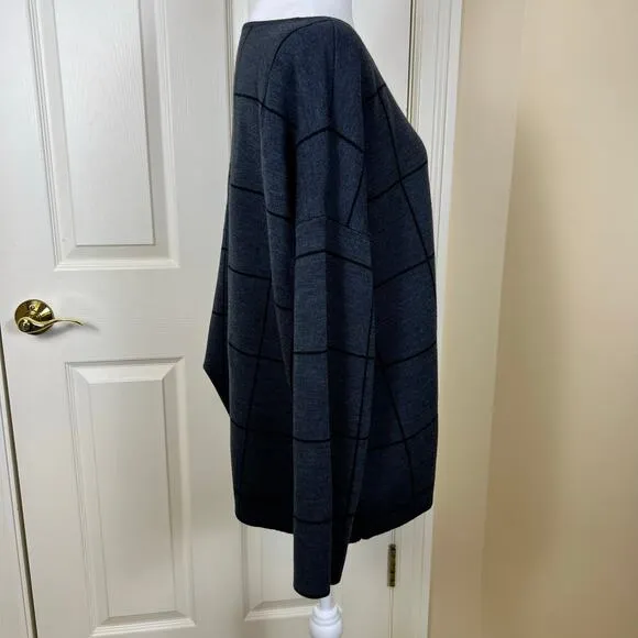 Eileen Fisher Charcoal Windowpane Check Boxy Wool Blend Sweater Boat Neck XL EUC