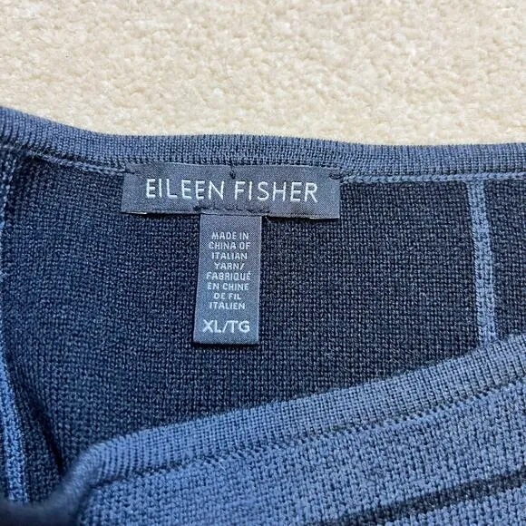 Eileen Fisher Charcoal Windowpane Check Boxy Wool Blend Sweater Boat Neck XL EUC