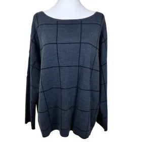 Eileen Fisher Charcoal Windowpane Check Boxy Wool Blend Sweater Boat Neck XL EUC