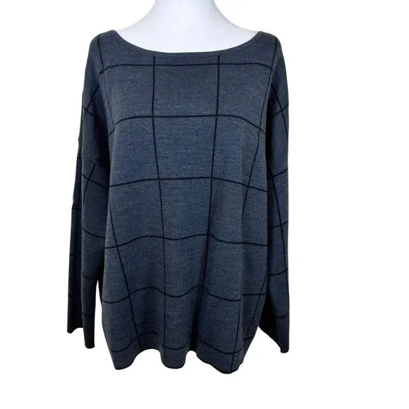 Eileen Fisher Charcoal Windowpane Check Boxy Wool Blend Sweater Boat Neck XL EUC