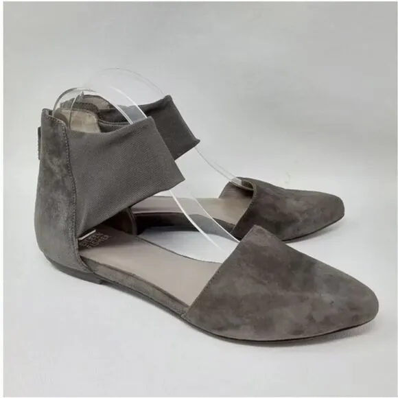 Eileen Fisher d'Orsay Allot Gray Suede Flats Pointed Toe Mesh Ankle Strap 5.5