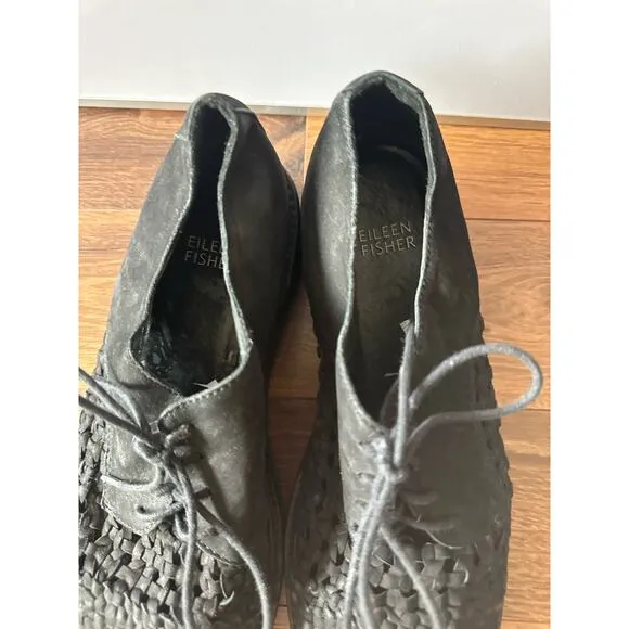 Eileen Fisher Oath Woven Nubuck Leather Platform Oxford Lace Up  Black Size 9