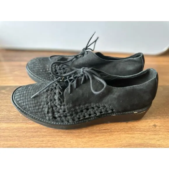 Eileen Fisher Oath Woven Nubuck Leather Platform Oxford Lace Up  Black Size 9