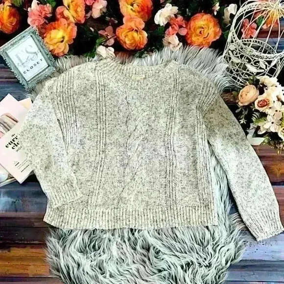 Eileen Fisher Peppered Classic Cotton Blend  Cable Knit Boat-Neck Sweater, XS