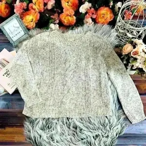 Eileen Fisher Peppered Classic Cotton Blend  Cable Knit Boat-Neck Sweater, XS