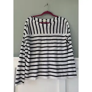 Eileen Fisher Sweater, Size M Navy White Striped, Button‎ Detail, Linen Cotton