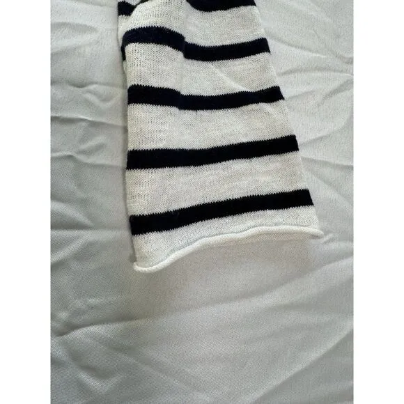Eileen Fisher Sweater, Size M Navy White Striped, Button‎ Detail, Linen Cotton