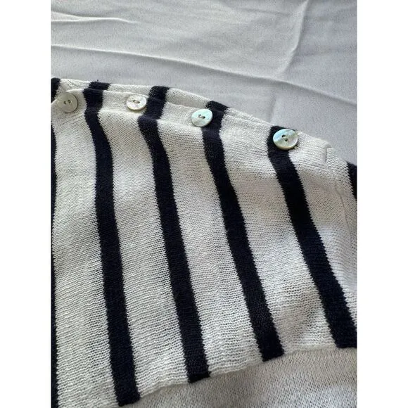 Eileen Fisher Sweater, Size M Navy White Striped, Button‎ Detail, Linen Cotton