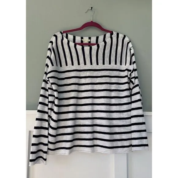 Eileen Fisher Sweater, Size M Navy White Striped, Button‎ Detail, Linen Cotton