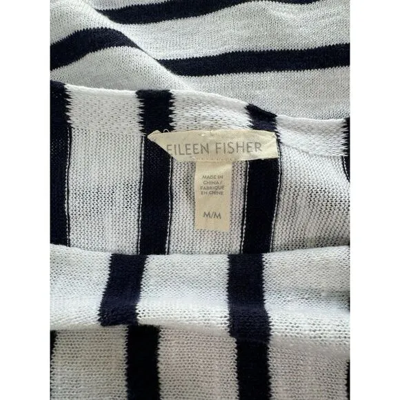 Eileen Fisher Sweater, Size M Navy White Striped, Button‎ Detail, Linen Cotton
