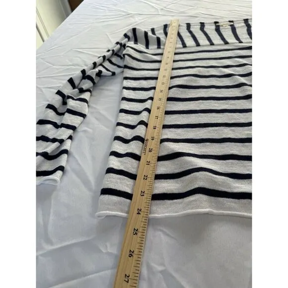 Eileen Fisher Sweater, Size M Navy White Striped, Button‎ Detail, Linen Cotton