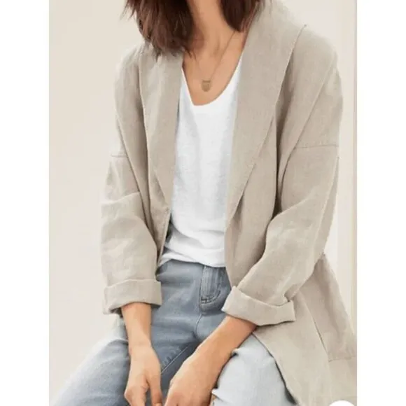 Eileen Fisher Women Jacket Size PM Open Front Organic Linen Neutral Pockets Shaw