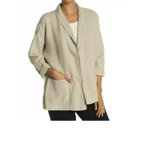 Eileen Fisher Women Jacket Size PM Open Front Organic Linen Neutral Pockets Shaw