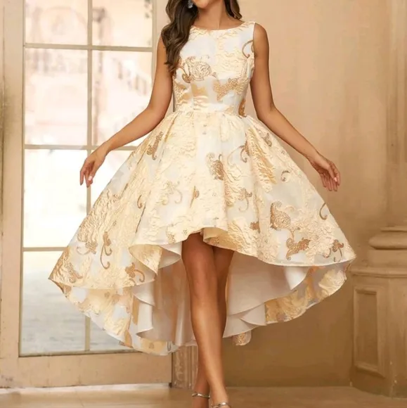 Elegant &amp; Cute Women's Boat Neckline Woven Jacquard Dress With Cutout Back