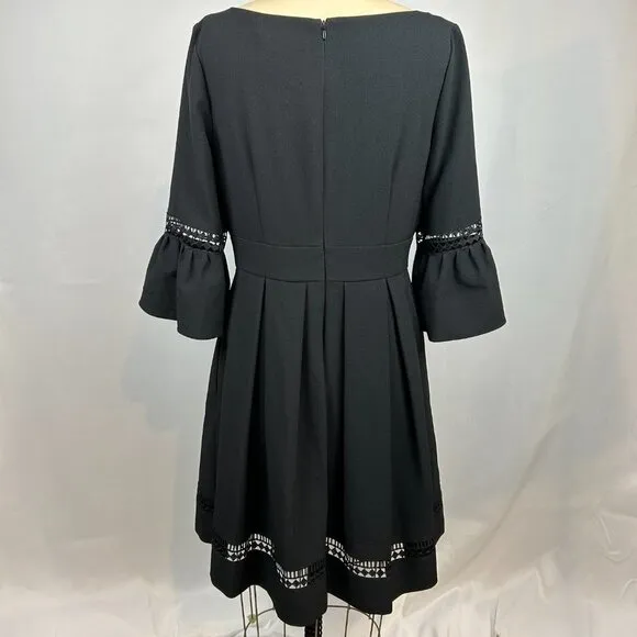 Eliza J Bell Sleeve Black Fit and Flare Pleated Eyelet Detail Dress Size 10