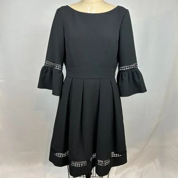 Eliza J Bell Sleeve Black Fit and Flare Pleated Eyelet Detail Dress Size 10