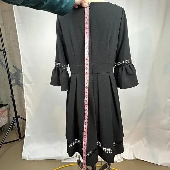 Eliza J Bell Sleeve Black Fit and Flare Pleated Eyelet Detail Dress Size 10