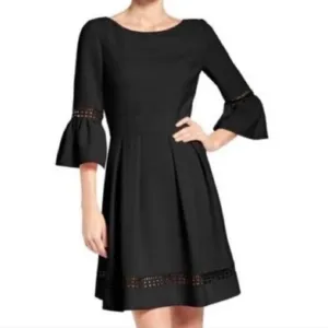 Eliza J Bell Sleeve Black Fit and Flare Pleated Eyelet Detail Dress Size 10
