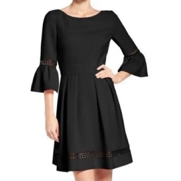 Eliza J Bell Sleeve Black Fit and Flare Pleated Eyelet Detail Dress Size 10