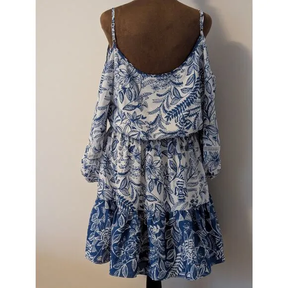 Eliza J. Blue White Floral Printed Cold Shoulder Elastic Waist Comfy Sundress 14