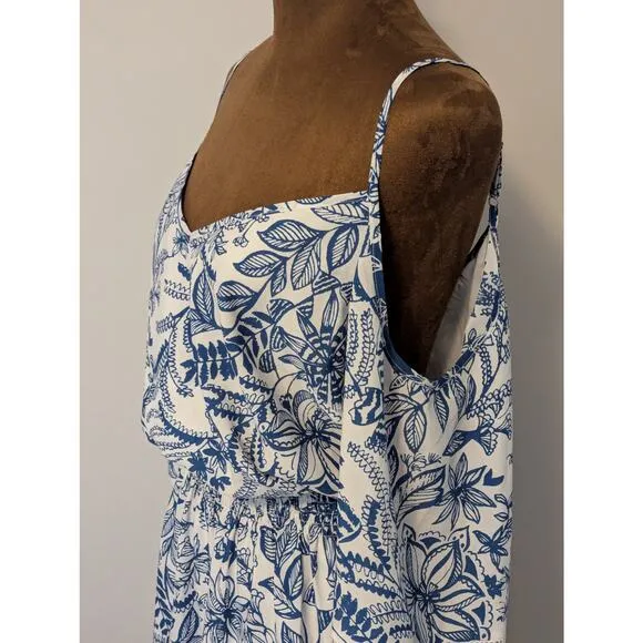 Eliza J. Blue White Floral Printed Cold Shoulder Elastic Waist Comfy Sundress 14