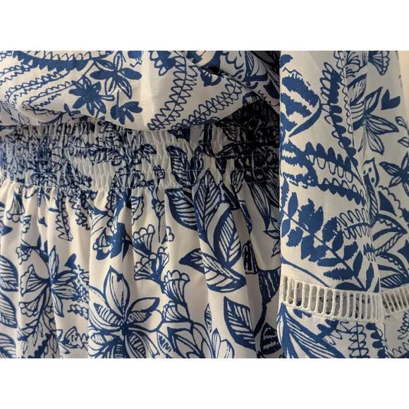 Eliza J. Blue White Floral Printed Cold Shoulder Elastic Waist Comfy Sundress 14