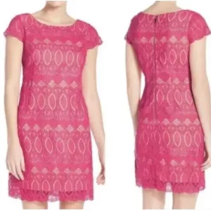Eliza J Bright Pink Crochet Lace Cap Sleeve Sheath Dress 4p