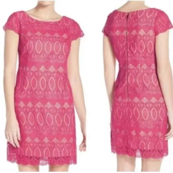 Eliza J Bright Pink Crochet Lace Cap Sleeve Sheath Dress 4p