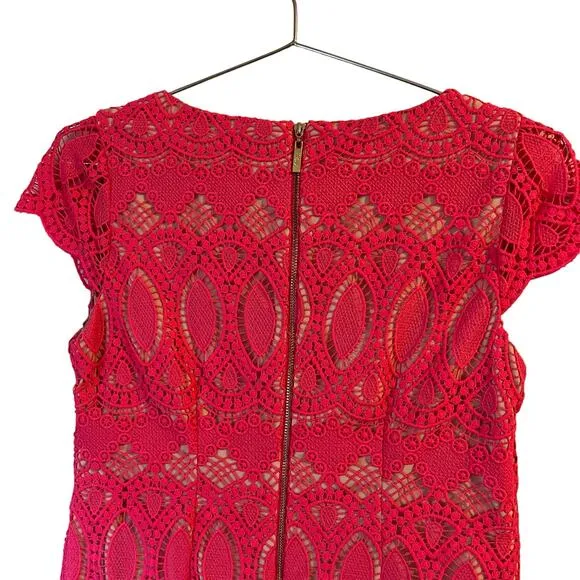Eliza J Bright Pink Crochet Lace Cap Sleeve Sheath Dress 4p