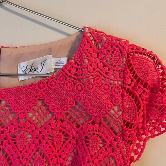 Eliza J Bright Pink Crochet Lace Cap Sleeve Sheath Dress 4p