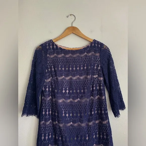 Eliza J. Lace Crochet Sheath Formal Dress Blue Purple Boat Neck 3/4 Sleeves 8