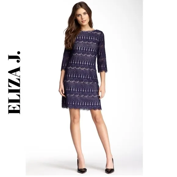 Eliza J. Lace Crochet Sheath Formal Dress Blue Purple Boat Neck 3/4 Sleeves 8