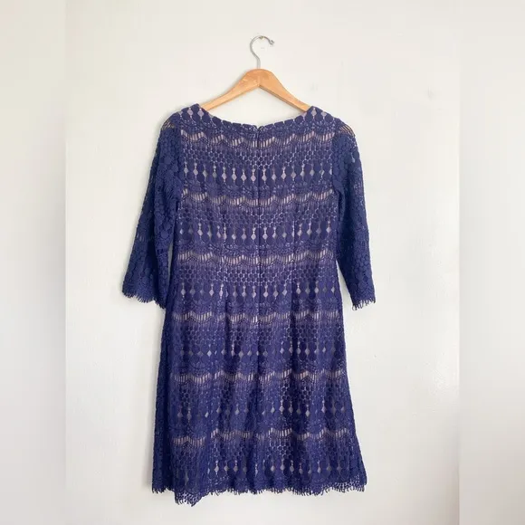 Eliza J. Lace Crochet Sheath Formal Dress Blue Purple Boat Neck 3/4 Sleeves 8