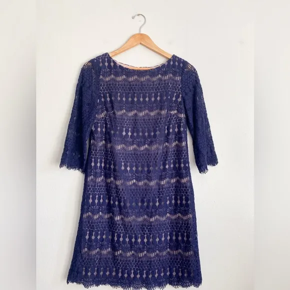 Eliza J. Lace Crochet Sheath Formal Dress Blue Purple Boat Neck 3/4 Sleeves 8