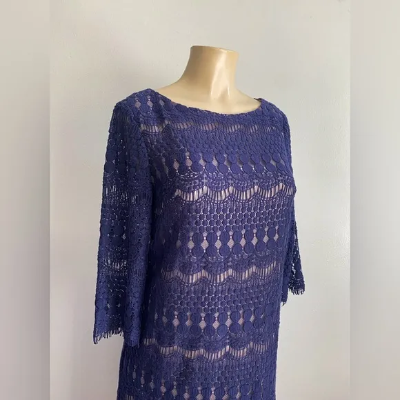 Eliza J. Lace Crochet Sheath Formal Dress Blue Purple Boat Neck 3/4 Sleeves 8