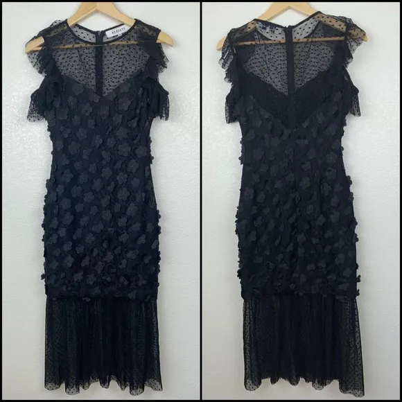 Elliatt Black Floral Appliqué Lace Polka Dot Tulle Mesh Ruffle Midi Maxi Dress