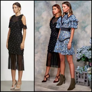 Elliatt Black Floral Appliqué Lace Polka Dot Tulle Mesh Ruffle Midi Maxi Dress