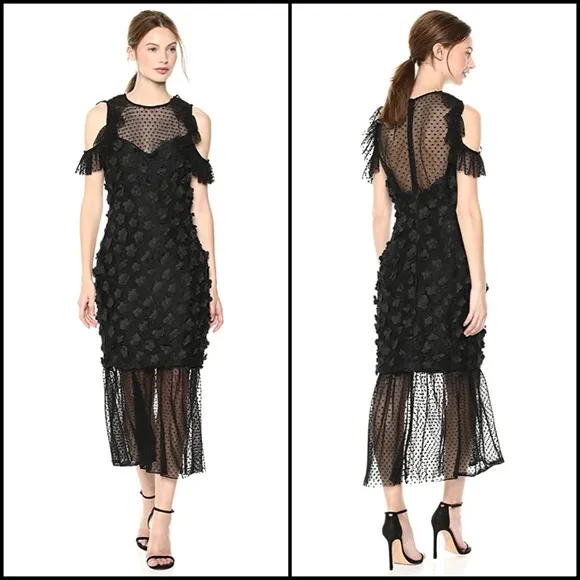 Elliatt Black Floral Appliqué Lace Polka Dot Tulle Mesh Ruffle Midi Maxi Dress